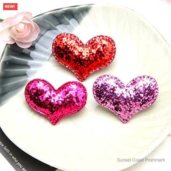 Glitter Sequin Heart Hair Clips Set of 9 Valentine's Day Party Accessories - Picture 7 of 7
